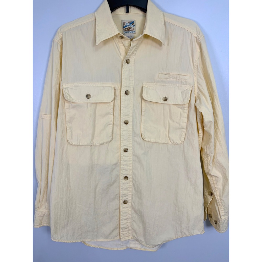 TravelSmith Mens Regular Utility Shirt Yellow Long Sleeve Vented Cotton Blend M